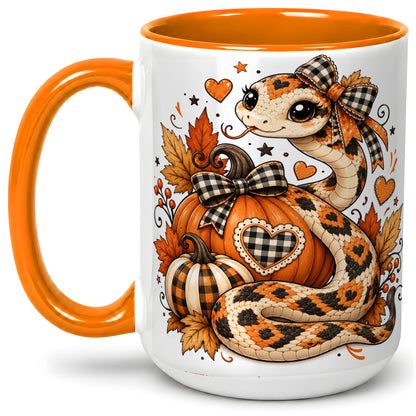 #pl[15oz|Orange] Cute Fall Snake Ceramic Mug, Pumpkin Plaid Bow Autumn Artwork