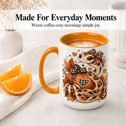 #pl[15oz|Orange] Cute Fall Snake Ceramic Mug, Pumpkin Plaid Bow Autumn Artwork