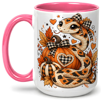 #pl[15oz|Pink] Cute Fall Snake Ceramic Mug, Pumpkin Plaid Bow Autumn Artwork
