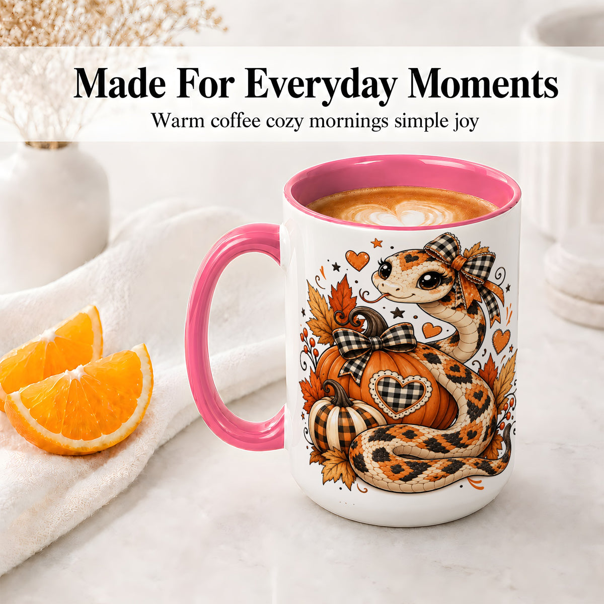 #pl[15oz|Pink] Cute Fall Snake Ceramic Mug, Pumpkin Plaid Bow Autumn Artwork