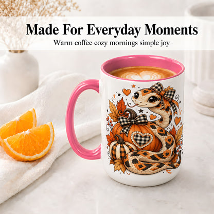 #pl[15oz|Pink] Cute Fall Snake Ceramic Mug, Pumpkin Plaid Bow Autumn Artwork