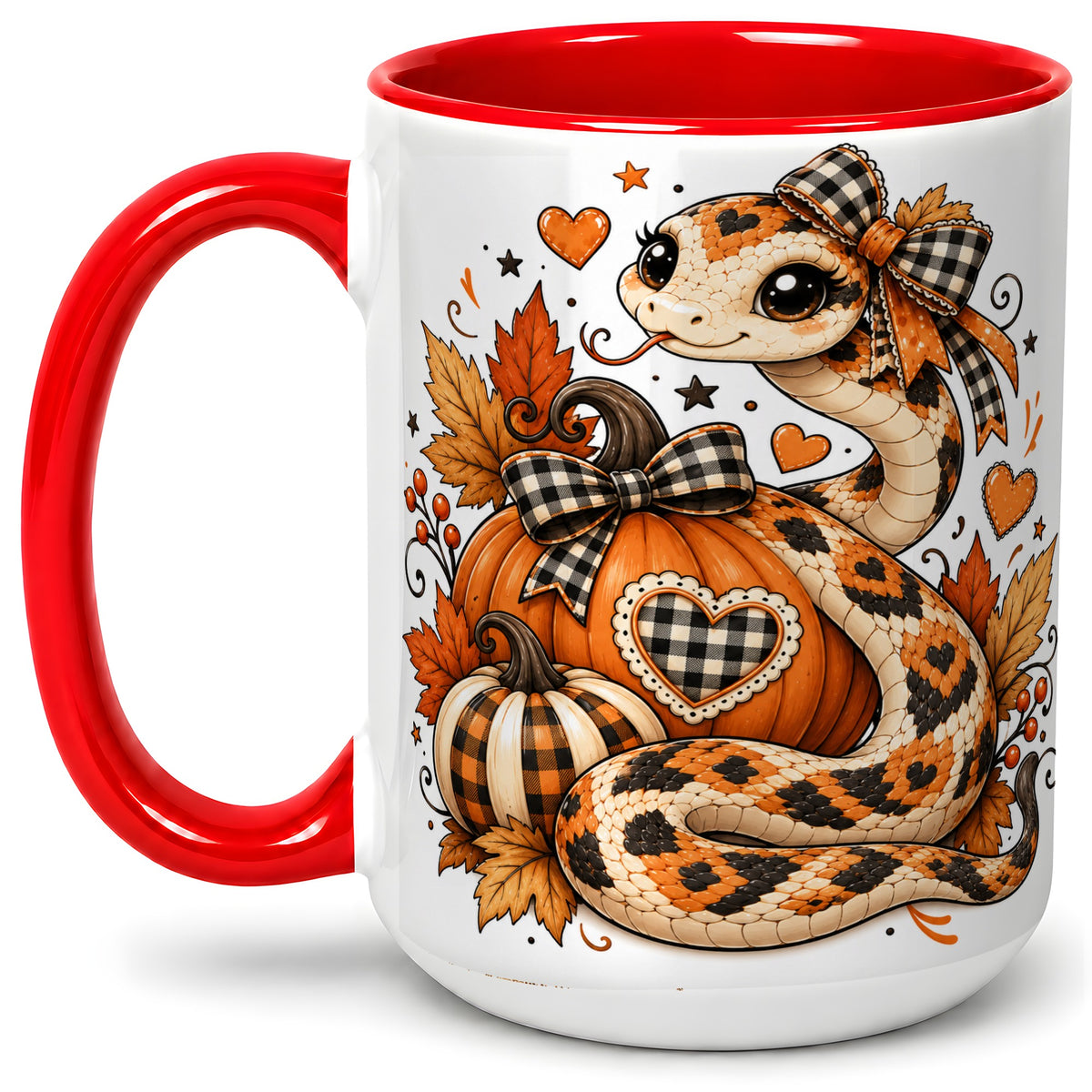 #pl[15oz|Red] Cute Fall Snake Ceramic Mug, Pumpkin Plaid Bow Autumn Artwork