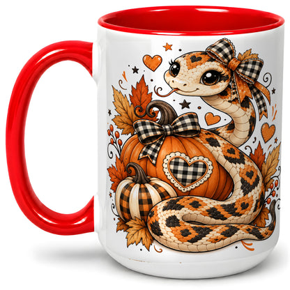 #pl[15oz|Red] Cute Fall Snake Ceramic Mug, Pumpkin Plaid Bow Autumn Artwork