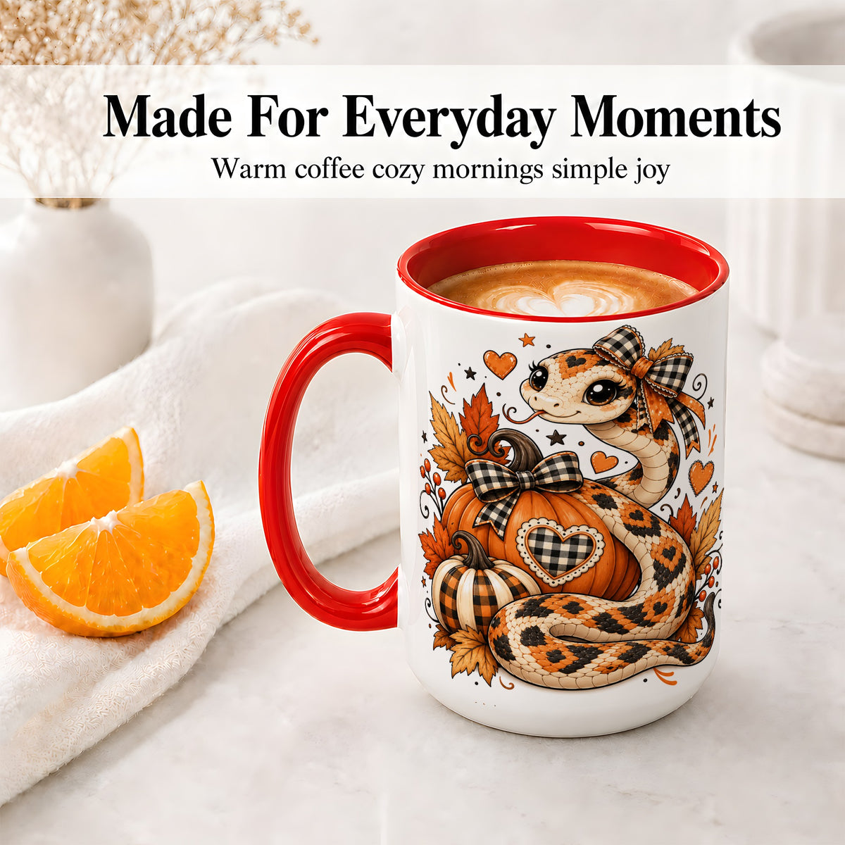 #pl[15oz|Red] Cute Fall Snake Ceramic Mug, Pumpkin Plaid Bow Autumn Artwork