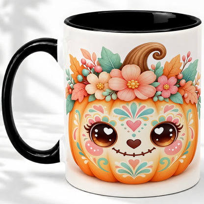 #pl[11oz|Black] Cute Floral Pumpkin Ceramic Mug, Folk Art Autumn Face Design