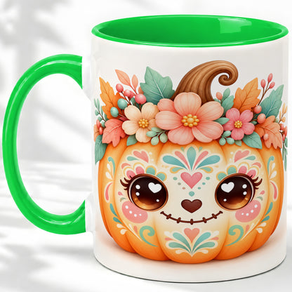 #pl[11oz|Green] Cute Floral Pumpkin Ceramic Mug, Folk Art Autumn Face Design
