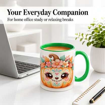#pl[11oz|Green] Cute Floral Pumpkin Ceramic Mug, Folk Art Autumn Face Design