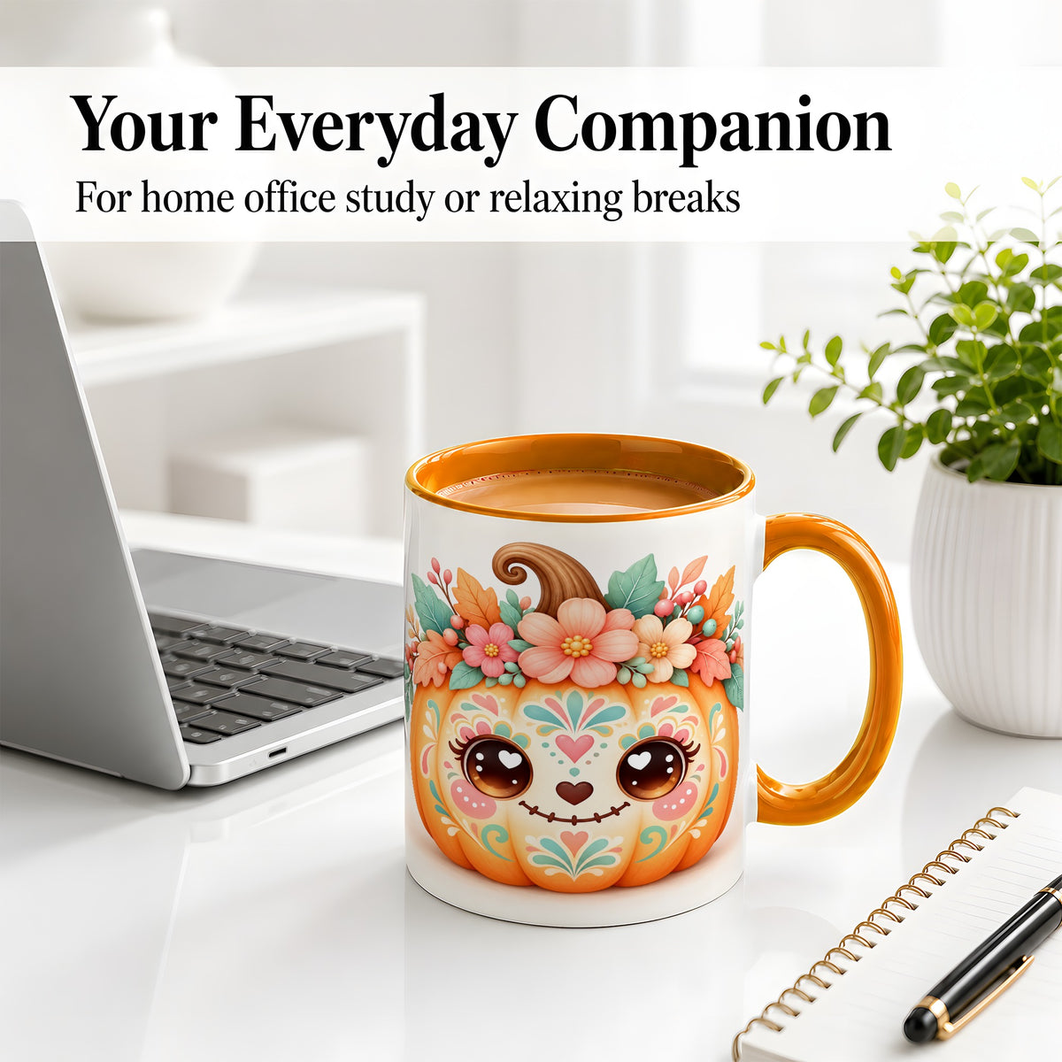#pl[11oz|Orange] Cute Floral Pumpkin Ceramic Mug, Folk Art Autumn Face Design