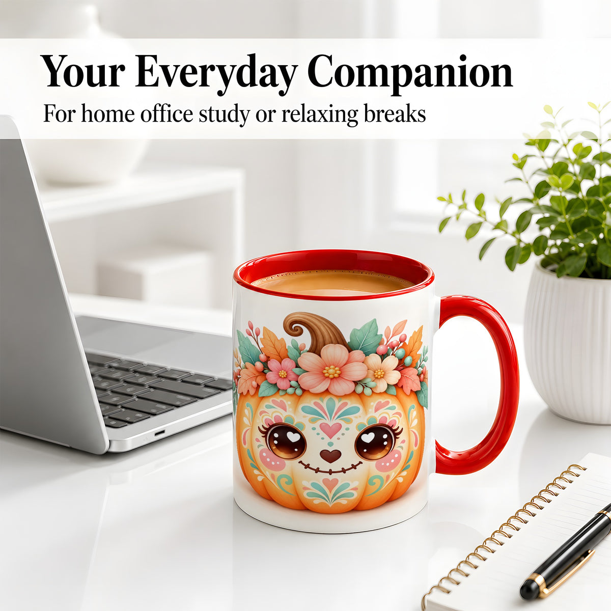 #pl[11oz|Red] Cute Floral Pumpkin Ceramic Mug, Folk Art Autumn Face Design