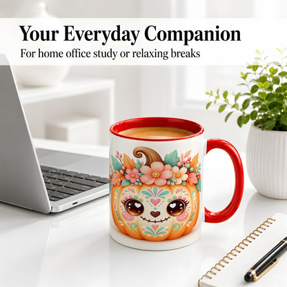 #pl[11oz|Red] Cute Floral Pumpkin Ceramic Mug, Folk Art Autumn Face Design