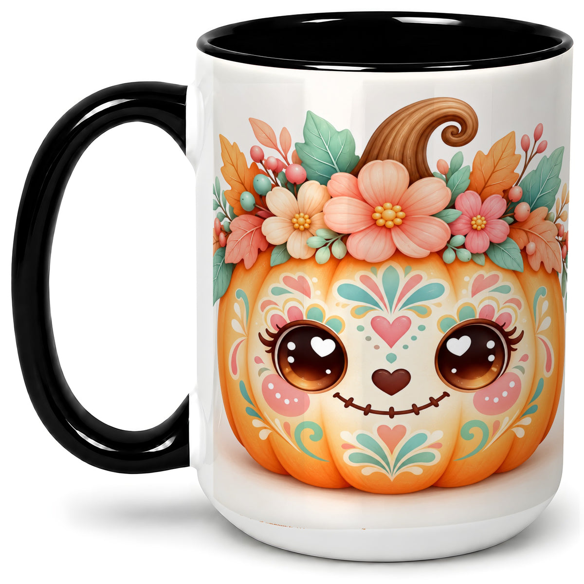 #pl[15oz|Black] Cute Floral Pumpkin Ceramic Mug, Folk Art Autumn Face Design