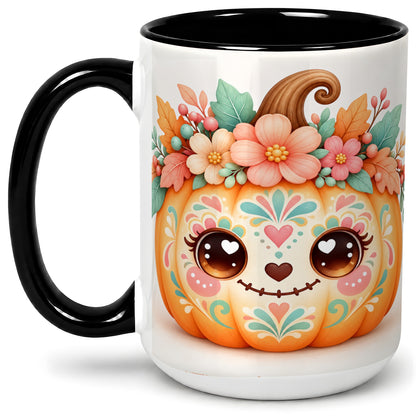 #pl[15oz|Black] Cute Floral Pumpkin Ceramic Mug, Folk Art Autumn Face Design