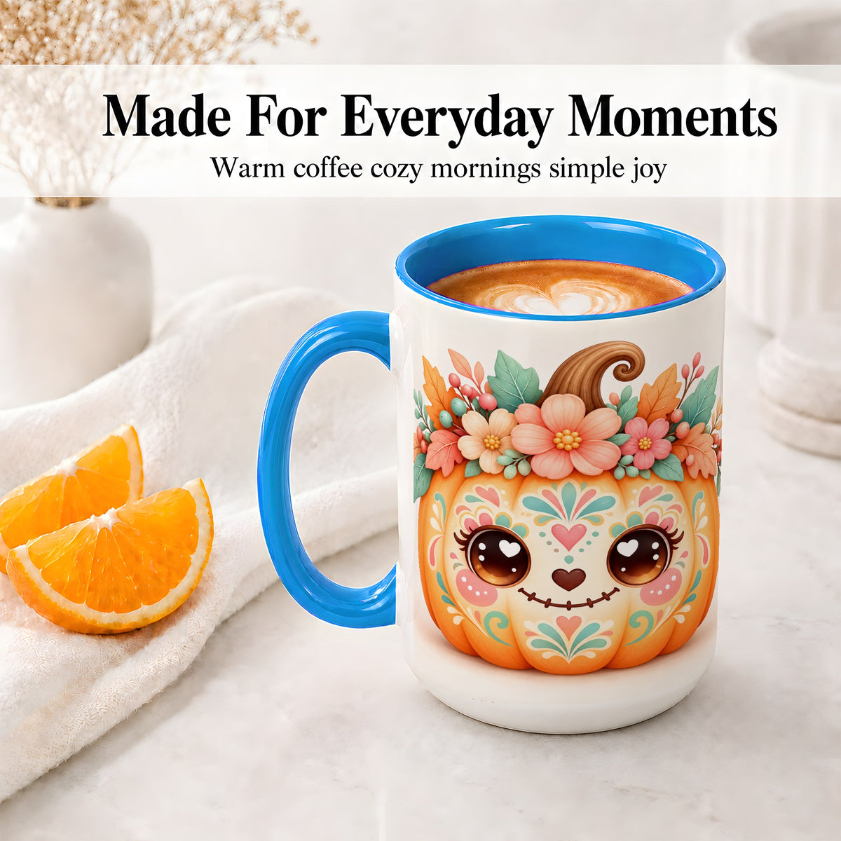 #pl[15oz|Blue] Cute Floral Pumpkin Ceramic Mug, Folk Art Autumn Face Design