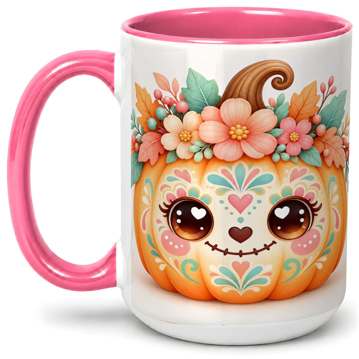 #pl[15oz|Pink] Cute Floral Pumpkin Ceramic Mug, Folk Art Autumn Face Design