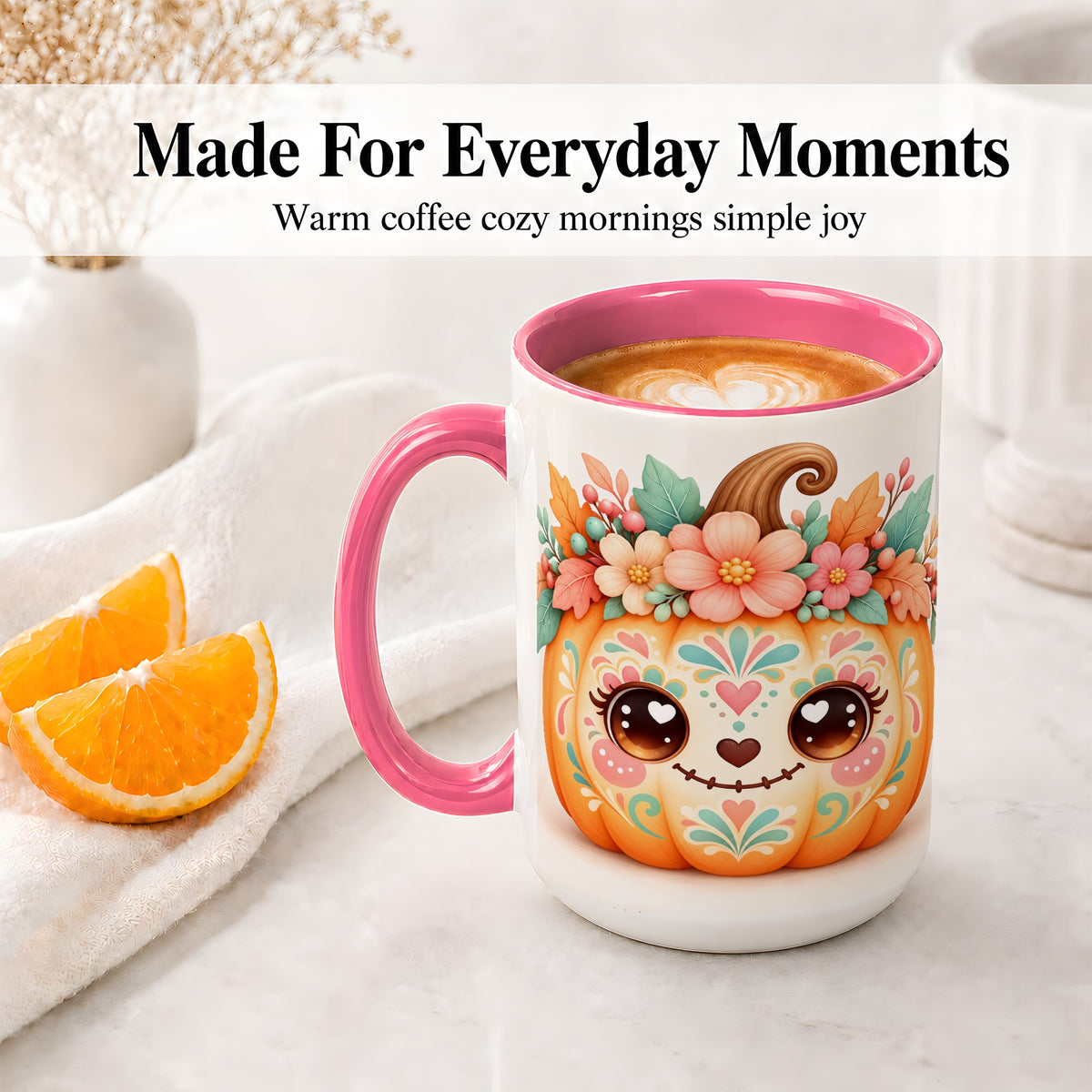 #pl[15oz|Pink] Cute Floral Pumpkin Ceramic Mug, Folk Art Autumn Face Design