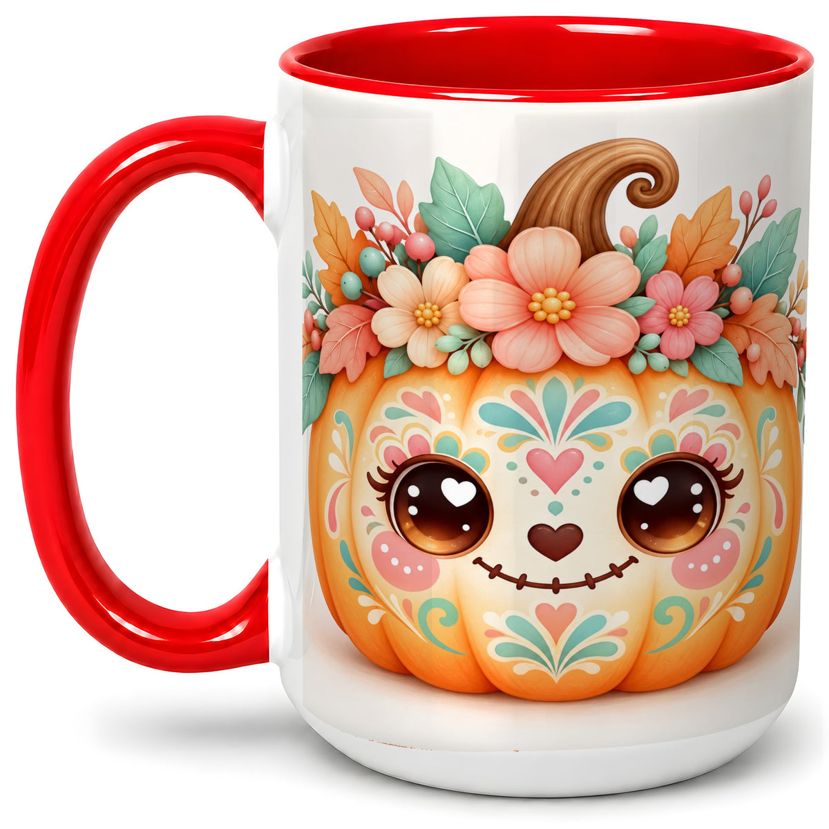 #pl[15oz|Red] Cute Floral Pumpkin Ceramic Mug, Folk Art Autumn Face Design