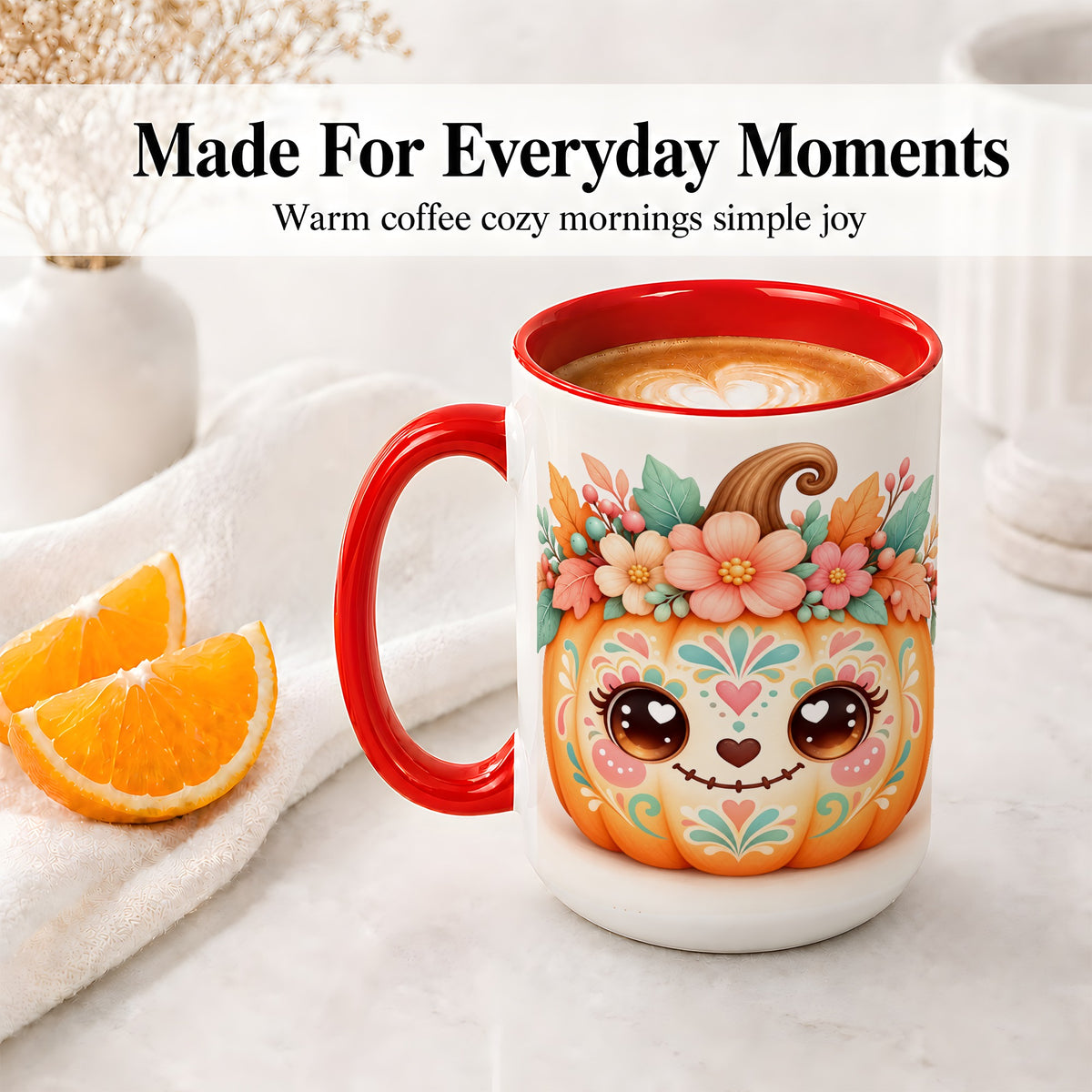 #pl[15oz|Red] Cute Floral Pumpkin Ceramic Mug, Folk Art Autumn Face Design