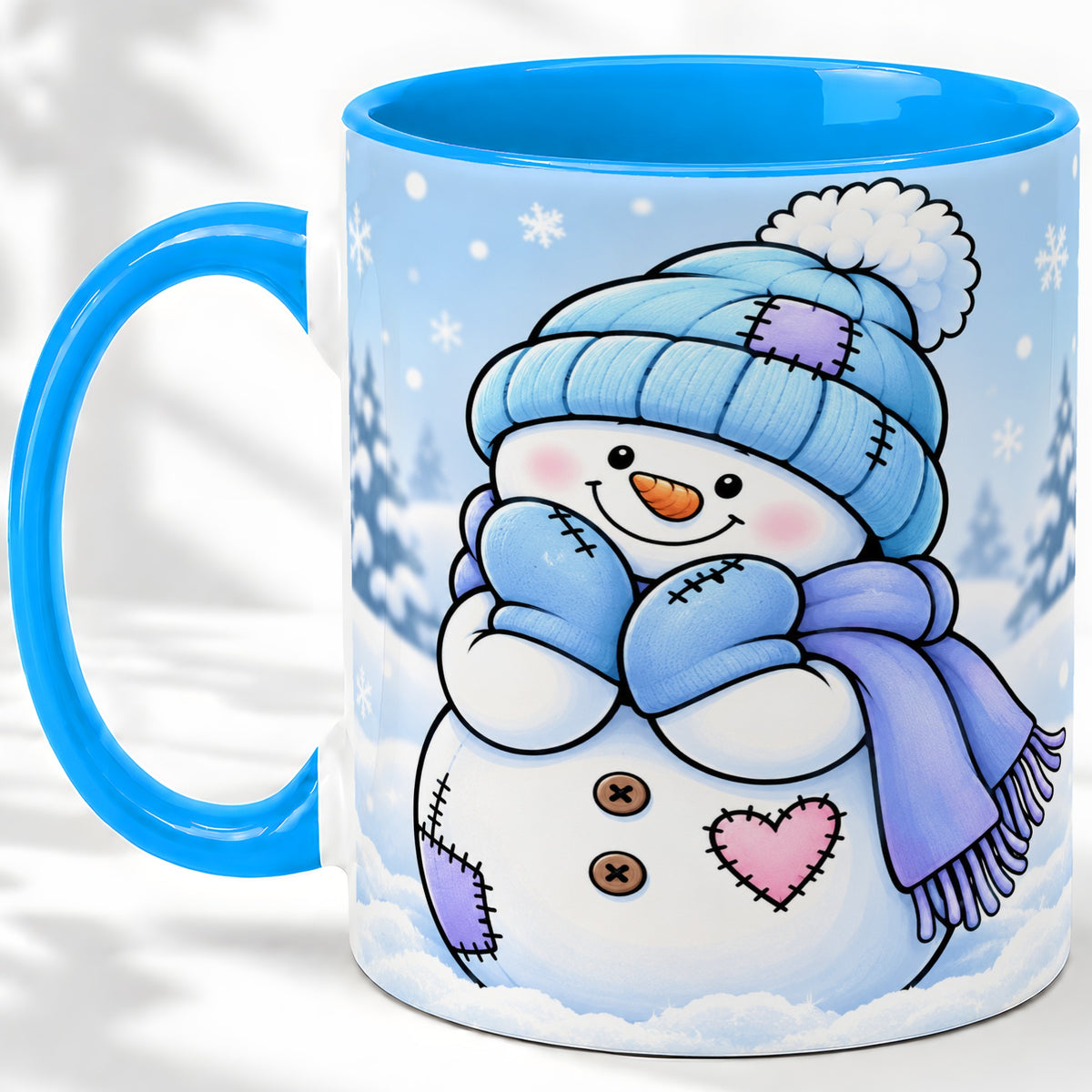 #pl[11oz|Blue] Cute Winter Snowman Ceramic Mug, Blue Hat Scarf and Heart Artwork