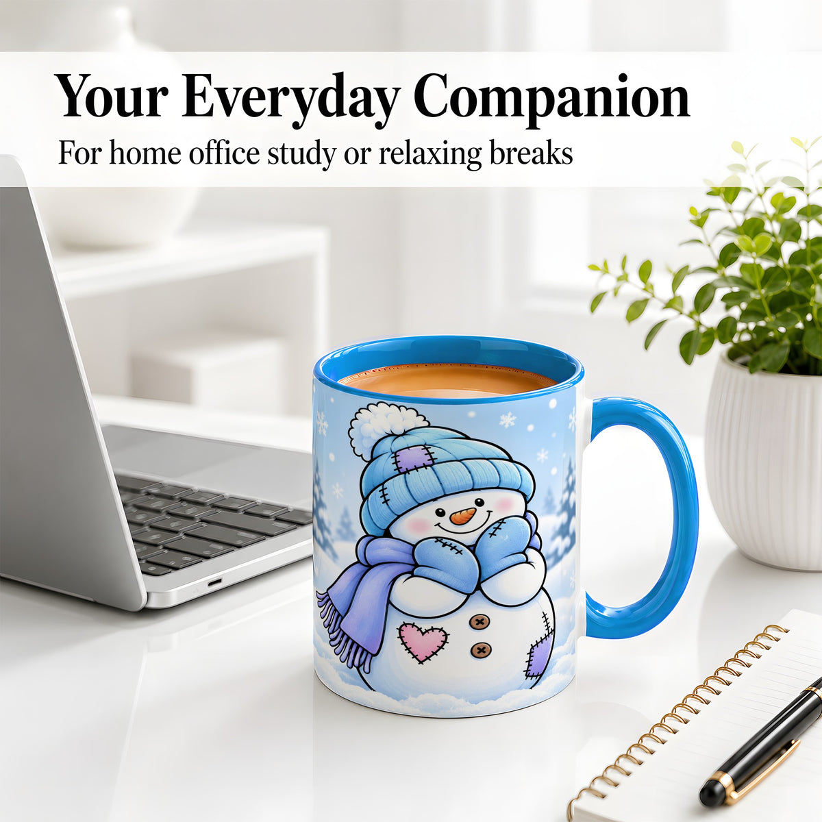 #pl[11oz|Blue] Cute Winter Snowman Ceramic Mug, Blue Hat Scarf and Heart Artwork
