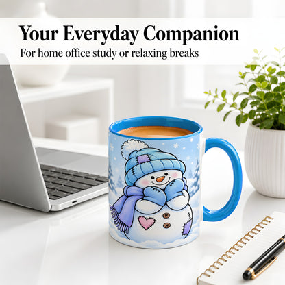#pl[11oz|Blue] Cute Winter Snowman Ceramic Mug, Blue Hat Scarf and Heart Artwork