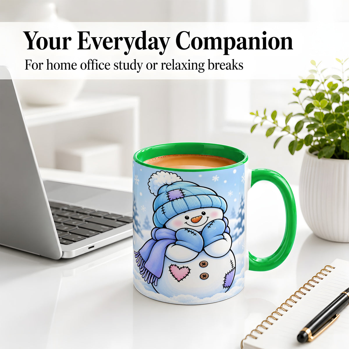 #pl[11oz|Green] Cute Winter Snowman Ceramic Mug, Blue Hat Scarf and Heart Artwork