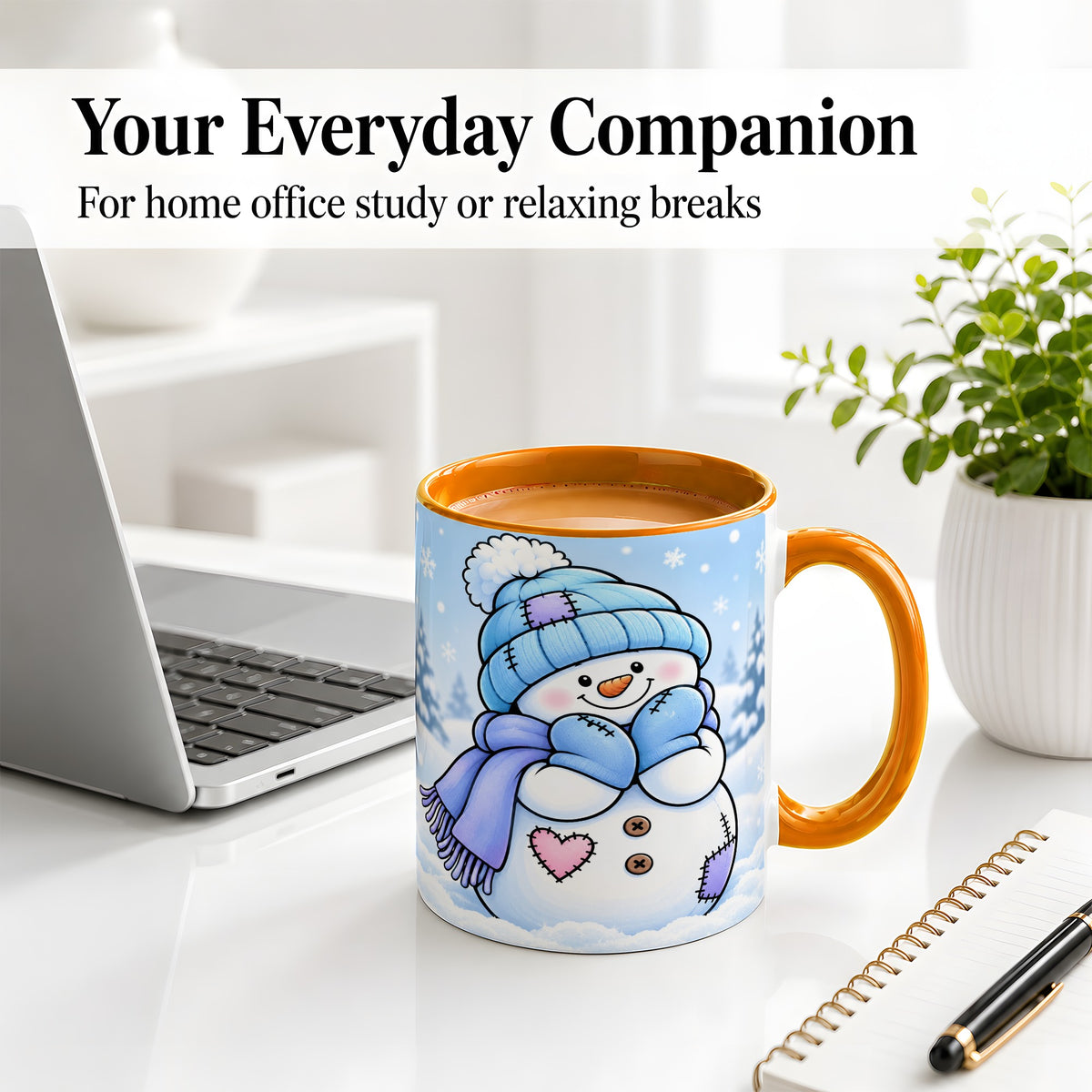 #pl[11oz|Orange] Cute Winter Snowman Ceramic Mug, Blue Hat Scarf and Heart Artwork