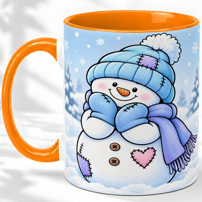 #pl[11oz|Orange] Cute Winter Snowman Ceramic Mug, Blue Hat Scarf and Heart Artwork