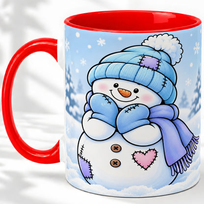 Cute Winter Snowman Ceramic Mug, Blue Hat Scarf and Heart Artwork