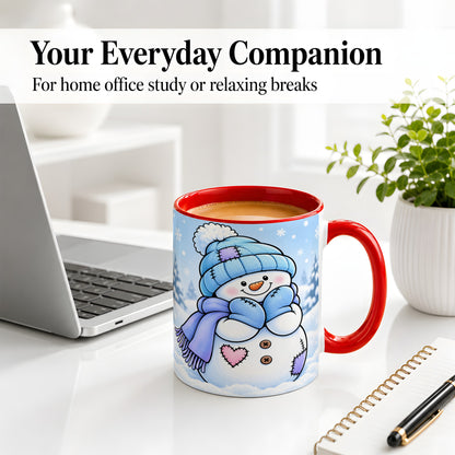 #pl[11oz|Red] Cute Winter Snowman Ceramic Mug, Blue Hat Scarf and Heart Artwork