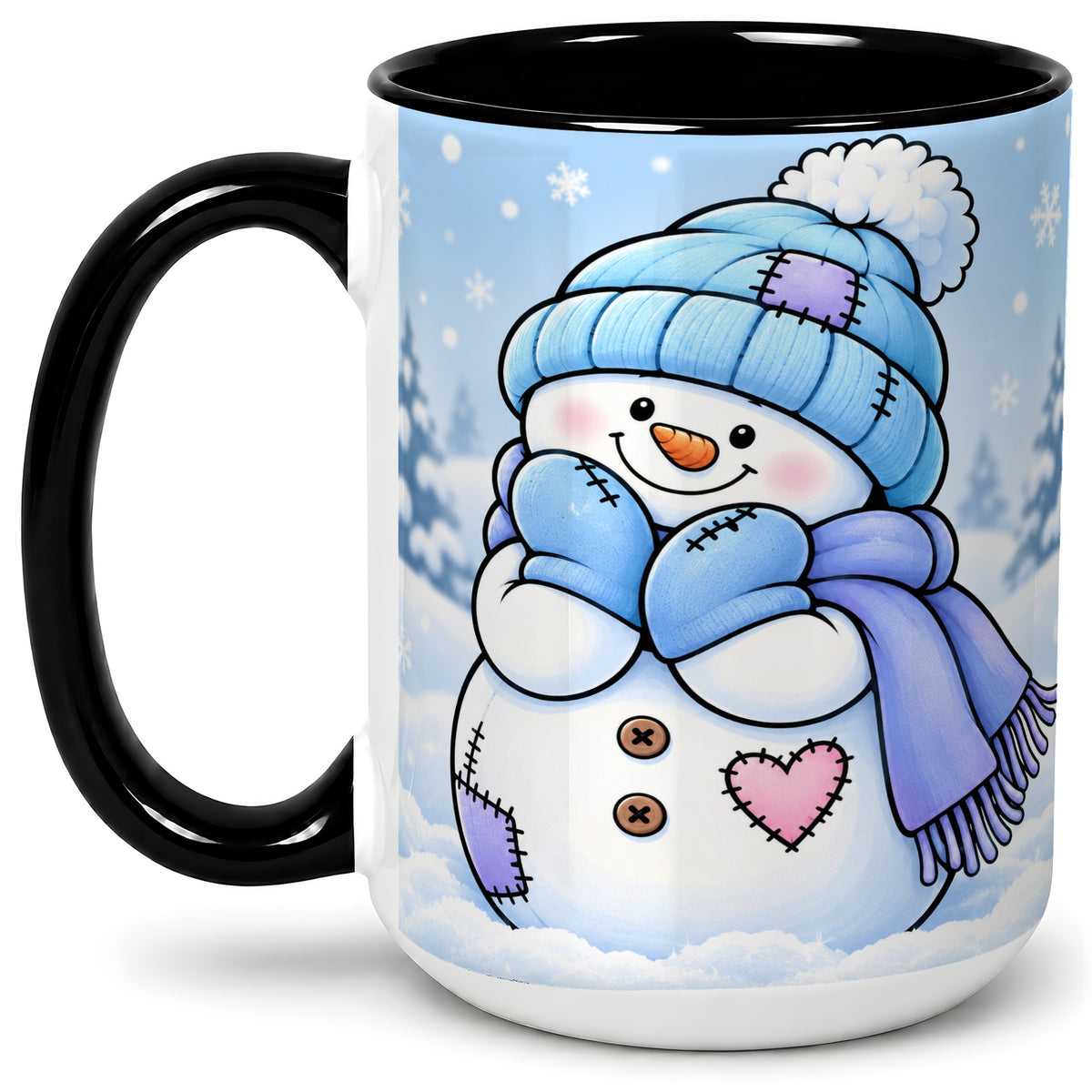 #pl[15oz|Black] Cute Winter Snowman Ceramic Mug, Blue Hat Scarf and Heart Artwork