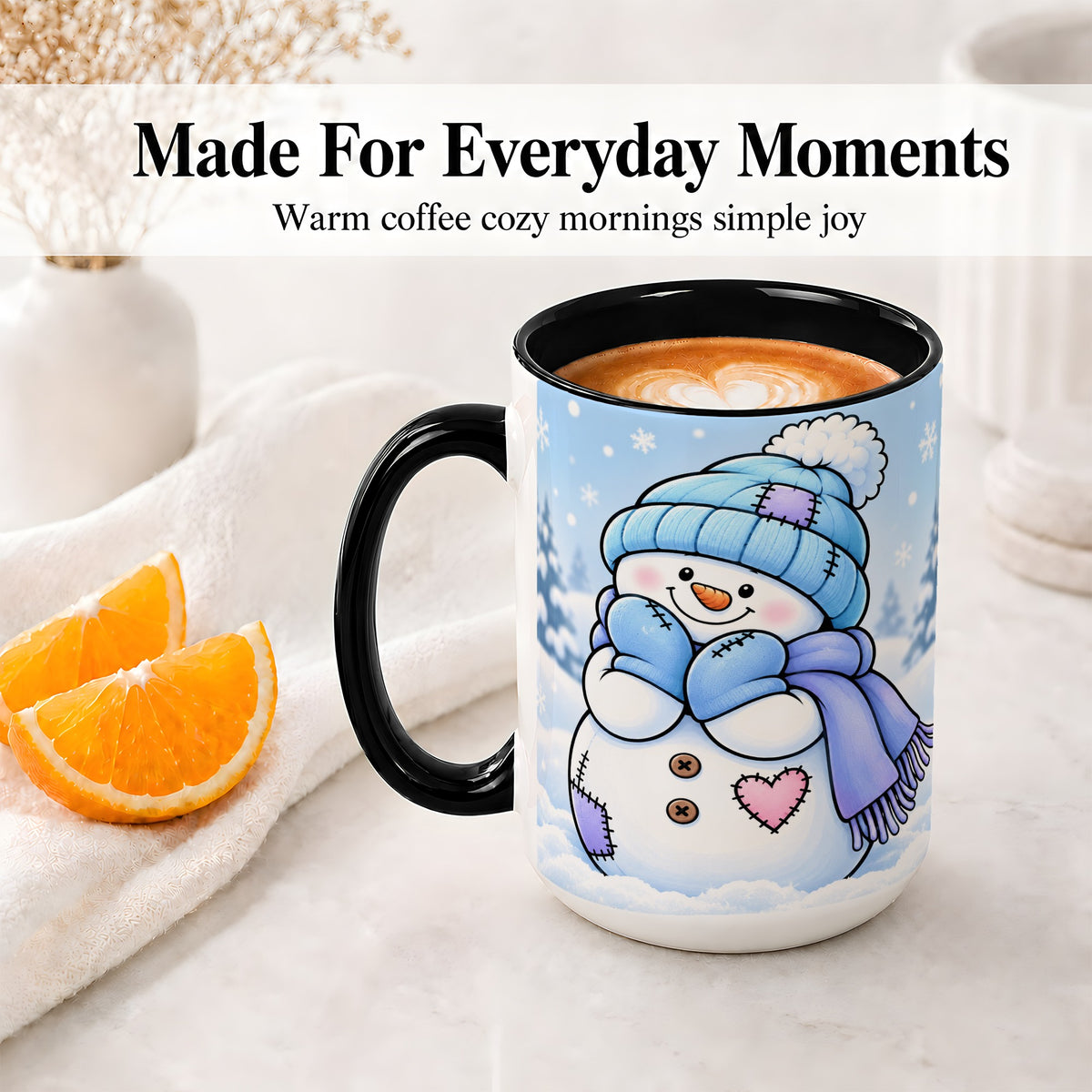 #pl[15oz|Black] Cute Winter Snowman Ceramic Mug, Blue Hat Scarf and Heart Artwork
