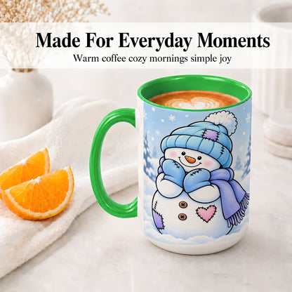 #pl[15oz|Green] Cute Winter Snowman Ceramic Mug, Blue Hat Scarf and Heart Artwork