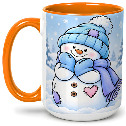 #pl[15oz|Orange] Cute Winter Snowman Ceramic Mug, Blue Hat Scarf and Heart Artwork