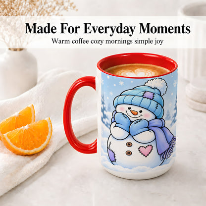 #pl[15oz|Red] Cute Winter Snowman Ceramic Mug, Blue Hat Scarf and Heart Artwork