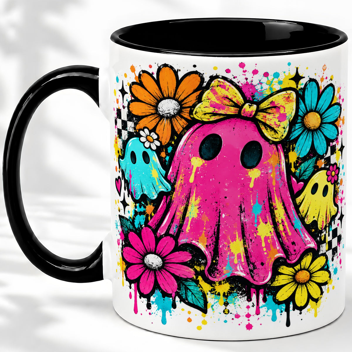 #pl[11oz|Black] Colorful Ghost Floral Ceramic Mug, Bright Halloween Paint Artwork