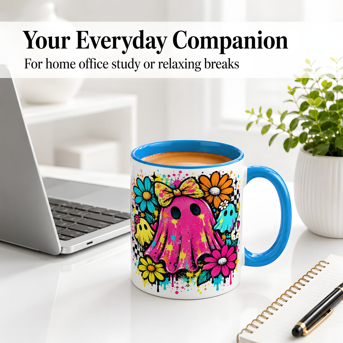 #pl[11oz|Blue] Colorful Ghost Floral Ceramic Mug, Bright Halloween Paint Artwork