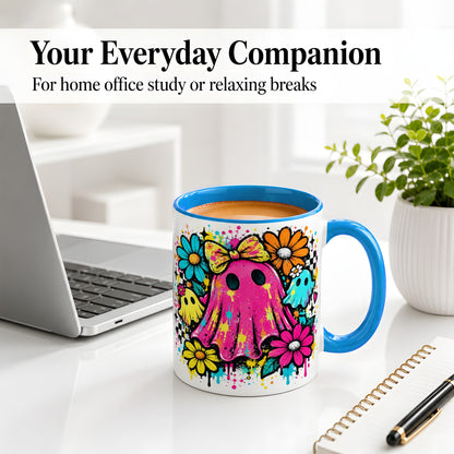 #pl[11oz|Blue] Colorful Ghost Floral Ceramic Mug, Bright Halloween Paint Artwork
