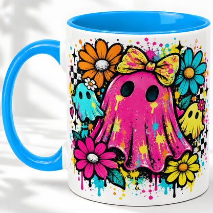 #pl[11oz|Blue] Colorful Ghost Floral Ceramic Mug, Bright Halloween Paint Artwork