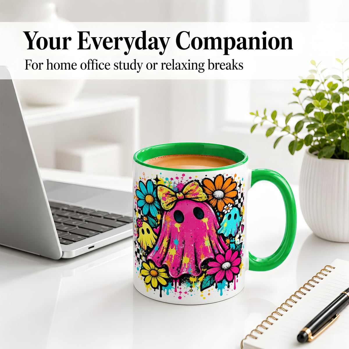 #pl[11oz|Green] Colorful Ghost Floral Ceramic Mug, Bright Halloween Paint Artwork