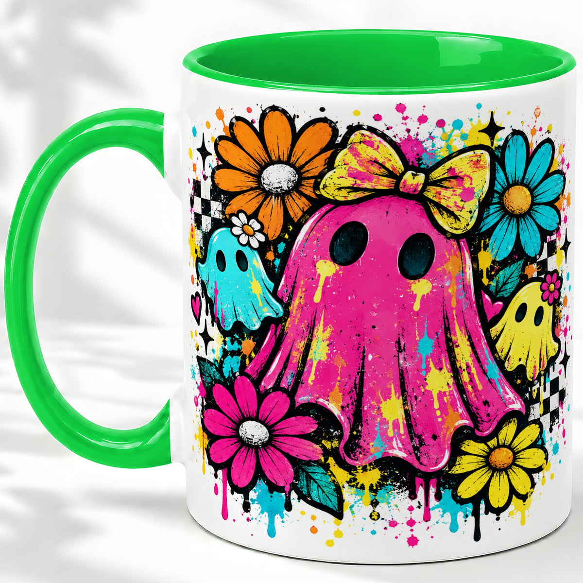 #pl[11oz|Green] Colorful Ghost Floral Ceramic Mug, Bright Halloween Paint Artwork