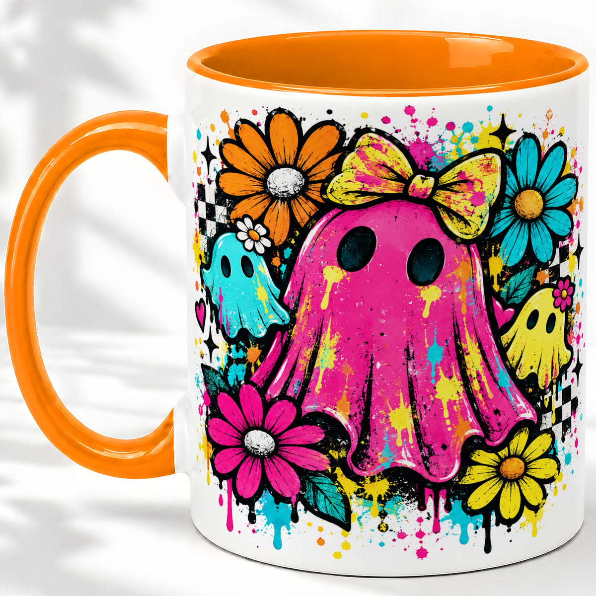 #pl[11oz|Orange] Colorful Ghost Floral Ceramic Mug, Bright Halloween Paint Artwork