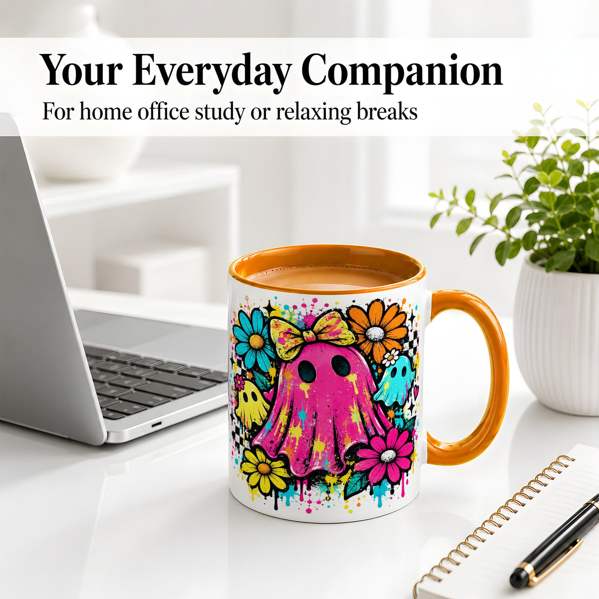 #pl[11oz|Orange] Colorful Ghost Floral Ceramic Mug, Bright Halloween Paint Artwork