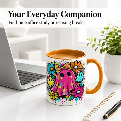 #pl[11oz|Orange] Colorful Ghost Floral Ceramic Mug, Bright Halloween Paint Artwork
