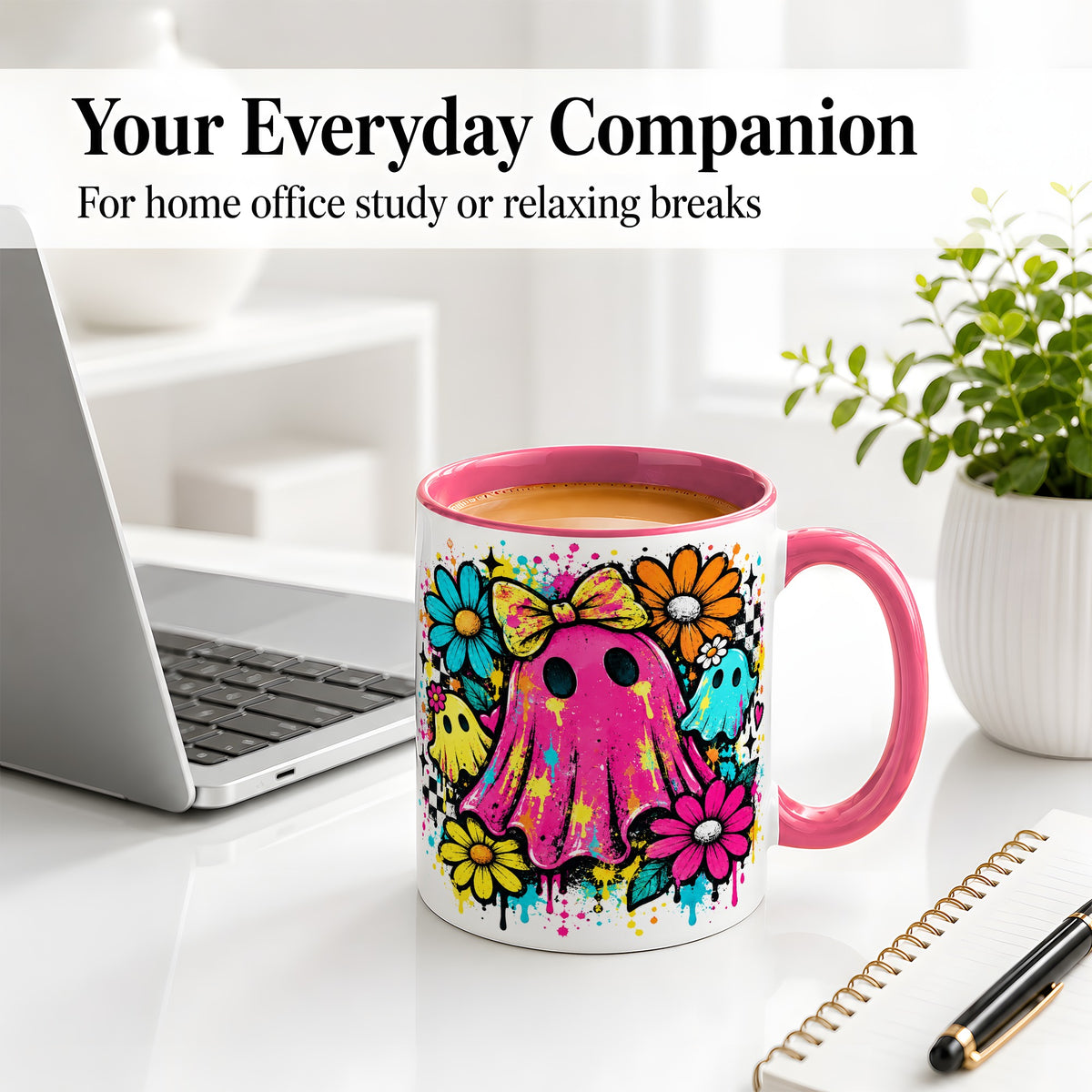 #pl[11oz|Pink] Colorful Ghost Floral Ceramic Mug, Bright Halloween Paint Artwork
