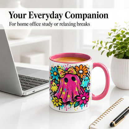 #pl[11oz|Pink] Colorful Ghost Floral Ceramic Mug, Bright Halloween Paint Artwork