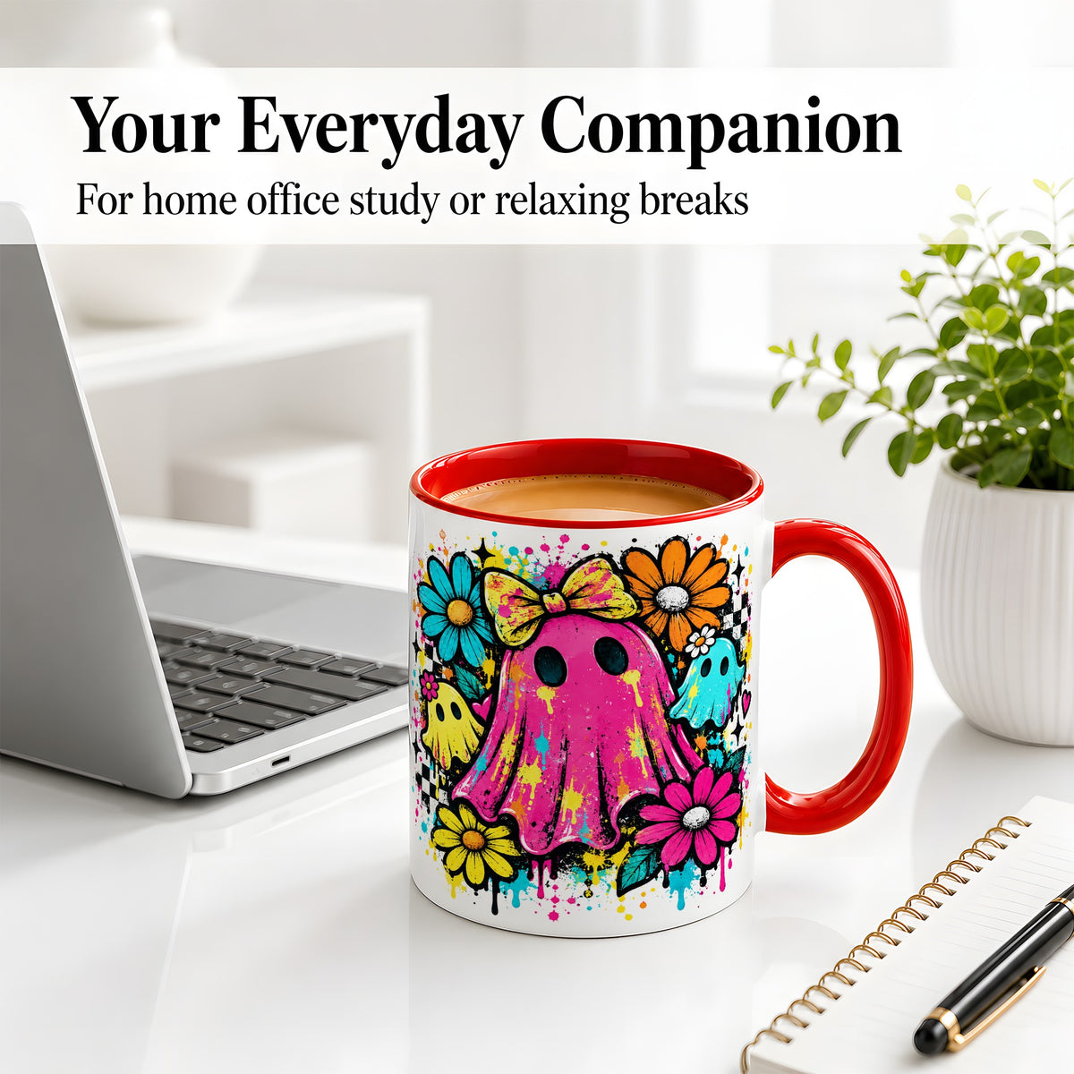 #pl[11oz|Red] Colorful Ghost Floral Ceramic Mug, Bright Halloween Paint Artwork