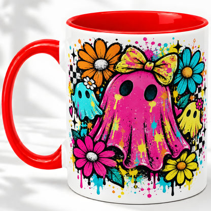Colorful Ghost Floral Ceramic Mug, Bright Halloween Paint Artwork