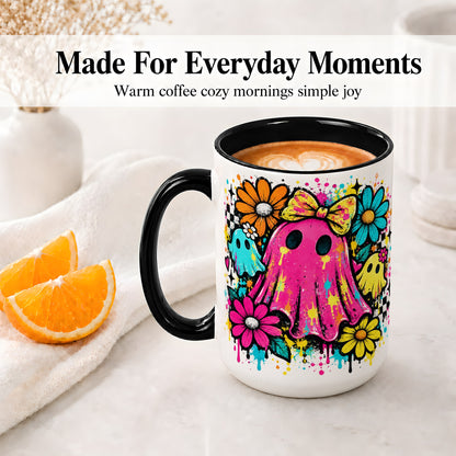 #pl[15oz|Black] Colorful Ghost Floral Ceramic Mug, Bright Halloween Paint Artwork