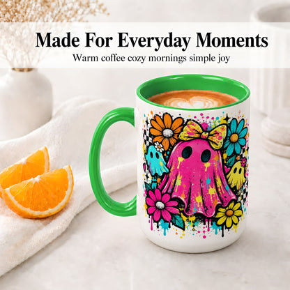 #pl[15oz|Green] Colorful Ghost Floral Ceramic Mug, Bright Halloween Paint Artwork