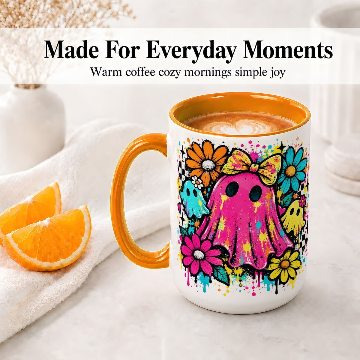 #pl[15oz|Orange] Colorful Ghost Floral Ceramic Mug, Bright Halloween Paint Artwork